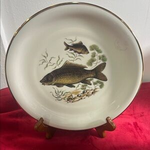 Vintage west German 9” Fish Plate with Gold Rim